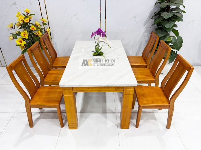 Bàn Ăn Gỗ Mặt Đá 1m6 Hiện Đại 6 Ghế - BA1003