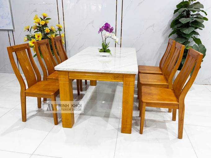 Bàn Ăn Gỗ Mặt Đá 1m6 Hiện Đại 6 Ghế - BA1003