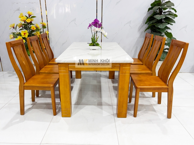 Bàn Ăn Gỗ Mặt Đá 1m6 Hiện Đại 6 Ghế - BA1003
