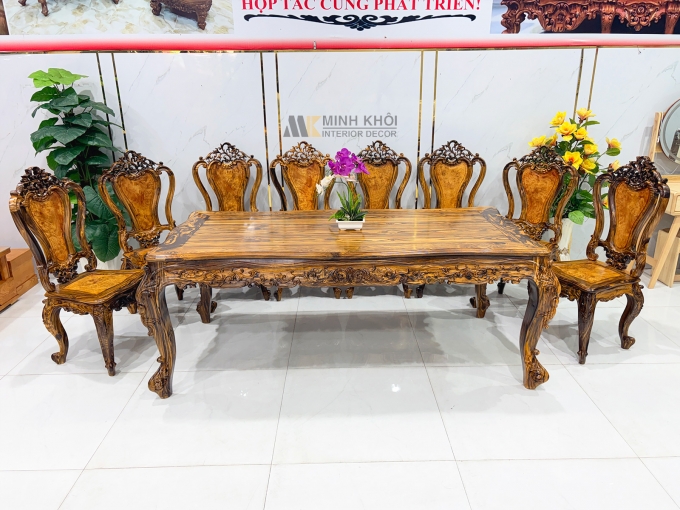 Bàn Ăn Gỗ Mun 8 Ghế Cổ Điển Cao Cấp - BA255