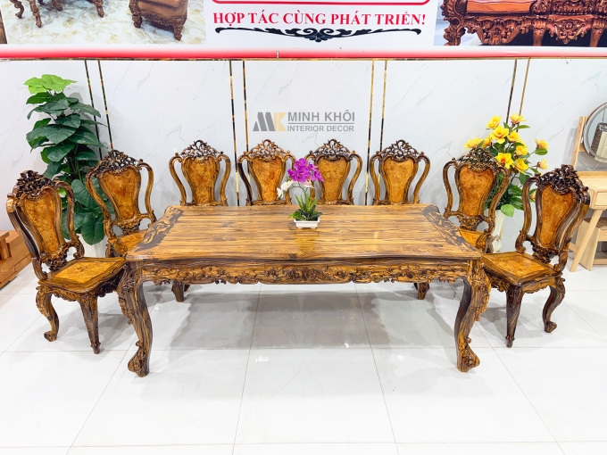 Bàn Ăn Gỗ Mun 8 Ghế Cổ Điển Cao Cấp - BA255