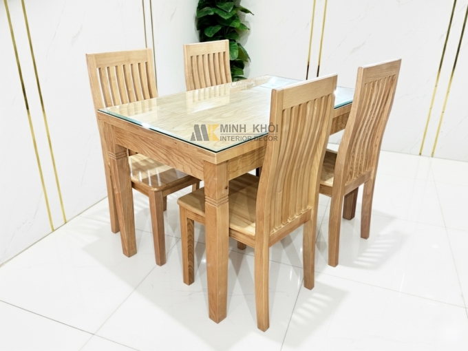 Bàn Ăn Gỗ Sồi 4 Ghế Mặt Kính Hiện Đại - BA481