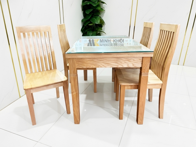 Bàn Ăn Gỗ Sồi 4 Ghế Mặt Kính Hiện Đại - BA481