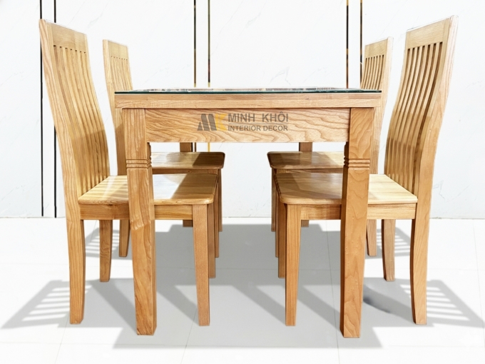 Bàn Ăn Gỗ Sồi 4 Ghế Mặt Kính Hiện Đại - BA481