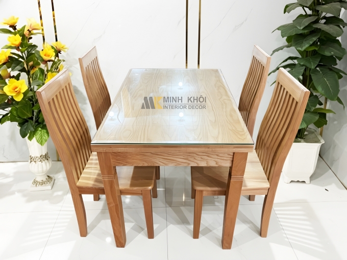 Bàn Ăn Gỗ Sồi 4 Ghế Mặt Kính Hiện Đại - BA481