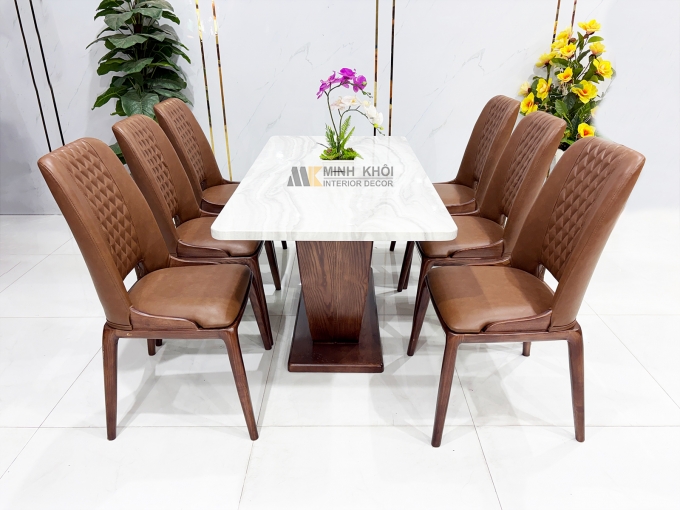 Bàn Ăn Gỗ Sồi Màu Óc Chó Mặt Đá Hiện Đại – BA296