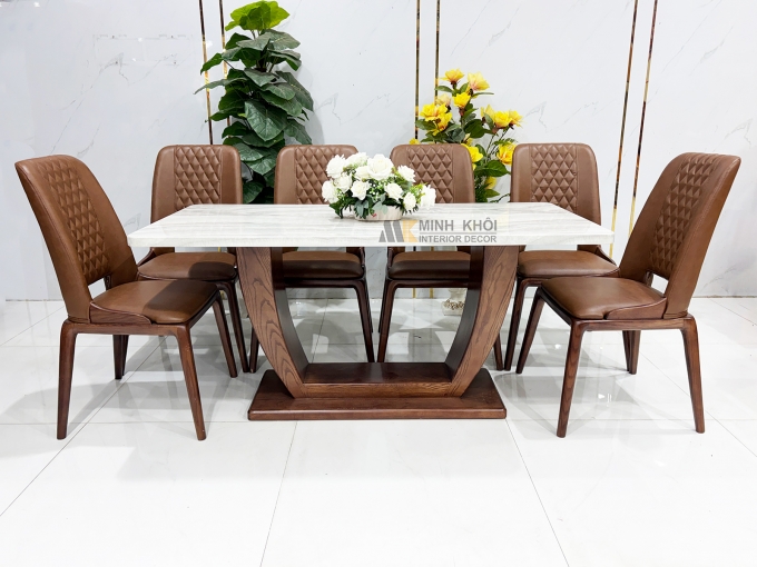 Bàn Ăn Gỗ Sồi Màu Óc Chó Mặt Đá Hiện Đại – BA296