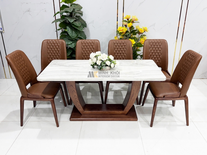 Bàn Ăn Gỗ Sồi Màu Óc Chó Mặt Đá Hiện Đại – BA296