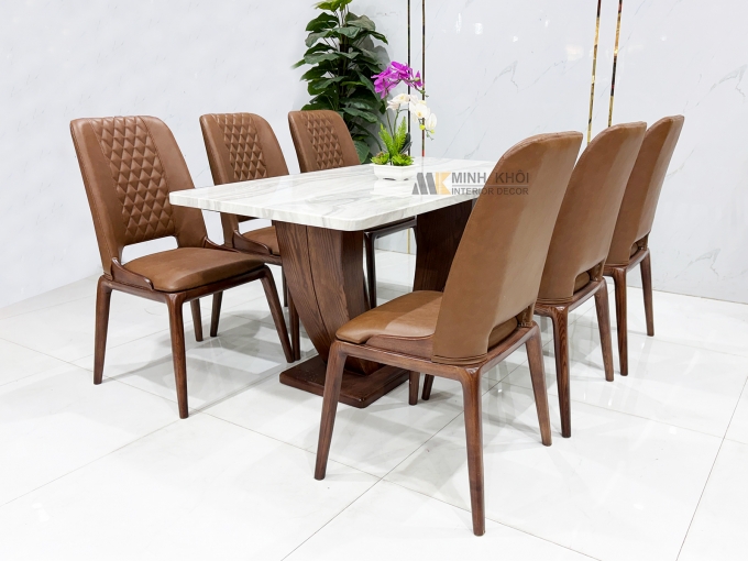 Bàn Ăn Gỗ Sồi Màu Óc Chó Mặt Đá Hiện Đại – BA296