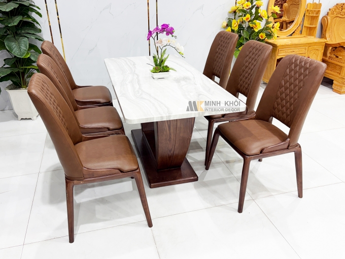Bàn Ăn Gỗ Sồi Màu Óc Chó Mặt Đá Hiện Đại – BA296