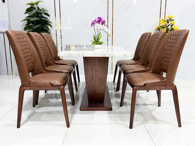 Bàn Ăn Gỗ Sồi Màu Óc Chó Mặt Đá Hiện Đại – BA296