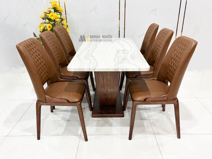 Bàn Ăn Gỗ Sồi Màu Óc Chó Mặt Đá Hiện Đại – BA296