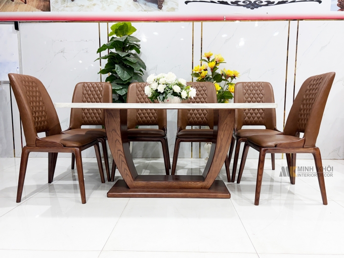 Bàn Ăn Gỗ Sồi Màu Óc Chó Mặt Đá Hiện Đại – BA296