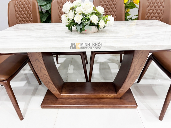 Bàn Ăn Gỗ Sồi Màu Óc Chó Mặt Đá Hiện Đại – BA296