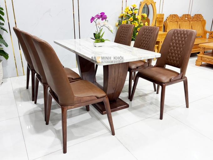 Bàn Ăn Gỗ Sồi Màu Óc Chó Mặt Đá Hiện Đại – BA296