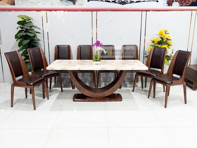 Bàn Ăn Gỗ Sồi Phủ Óc Chó Mặt Đá Chân U - BA291