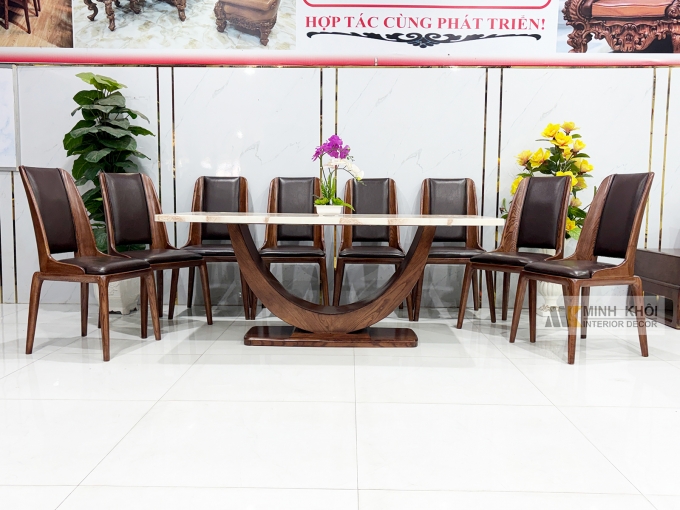 Bàn Ăn Gỗ Sồi Phủ Óc Chó Mặt Đá Chân U - BA291