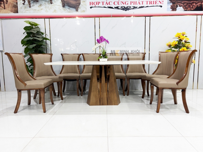 Bàn Ăn Mặt Đá Chân Tháp 8 Ghế Bọc Nệm Da - BA292