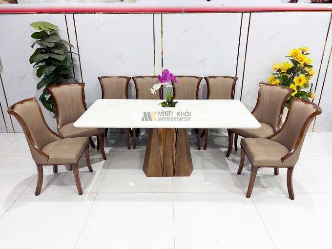 Bàn Ăn Mặt Đá Chân Tháp 8 Ghế Bọc Nệm Da - BA292