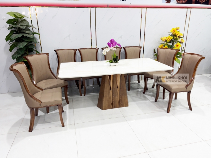 Bàn Ăn Mặt Đá Chân Tháp 8 Ghế Bọc Nệm Da - BA292