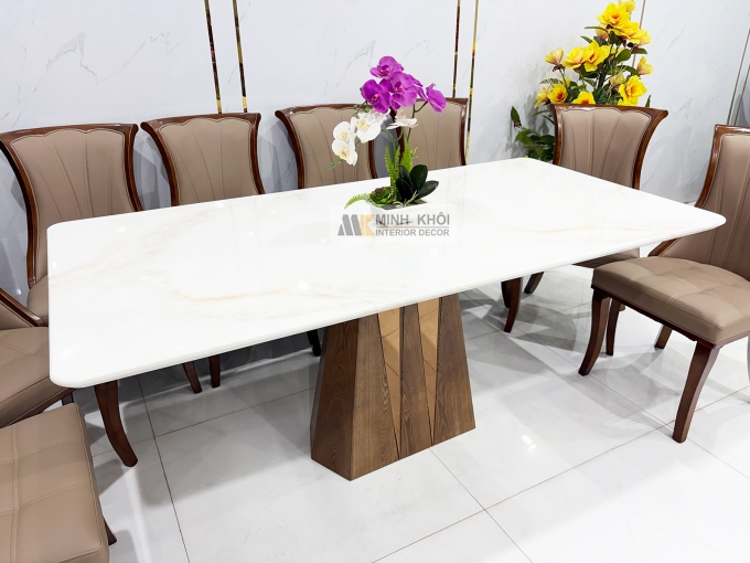 Bàn Ăn Mặt Đá Chân Tháp 8 Ghế Bọc Nệm Da - BA292