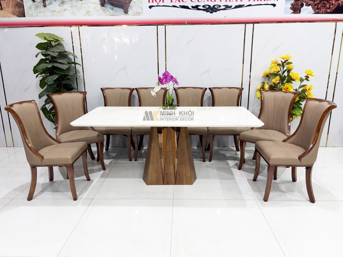 Bàn Ăn Mặt Đá Chân Tháp 8 Ghế Bọc Nệm Da - BA292