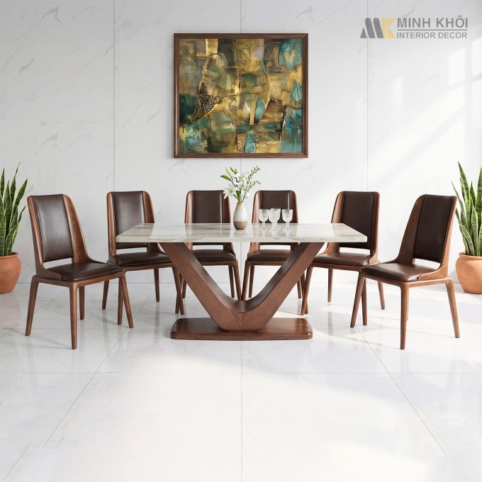 Bàn Ăn Mặt Đá Chân V 6 Ghế Hiện Đại - BA289