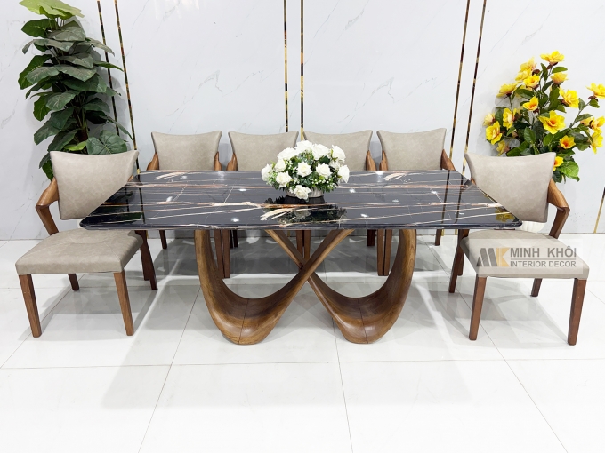 Bàn Ăn Mặt Đá Chân Vô Cực 6 Ghế Bọc Nệm Da - BA293