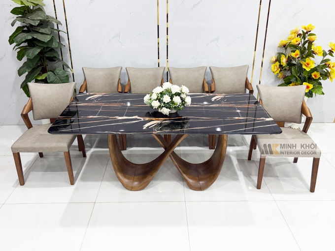 Bàn Ăn Mặt Đá Chân Vô Cực 6 Ghế Bọc Nệm Da - BA293