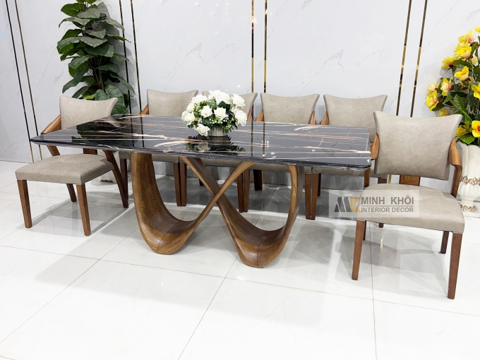 Bàn Ăn Mặt Đá Chân Vô Cực 6 Ghế Bọc Nệm Da - BA293