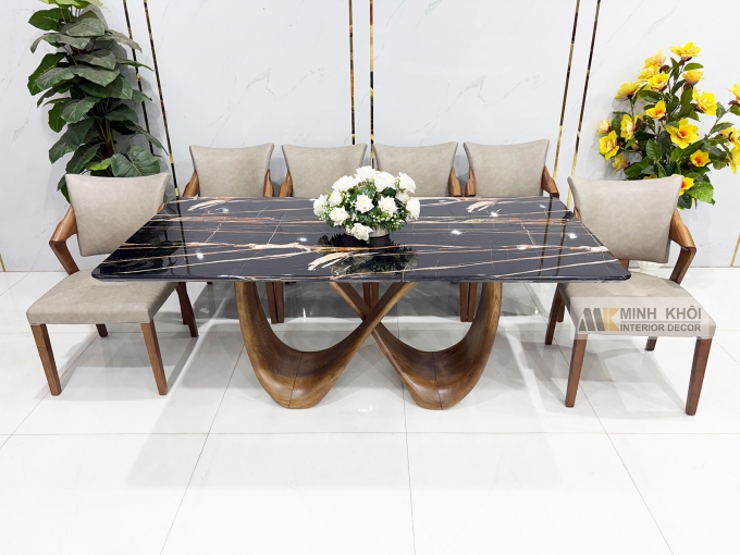 Bàn Ăn Mặt Đá Chân Vô Cực 6 Ghế Bọc Nệm Da - BA293