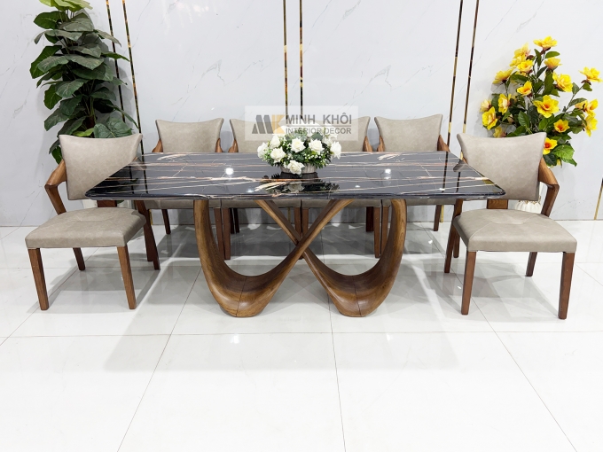 Bàn Ăn Mặt Đá Chân Vô Cực 6 Ghế Bọc Nệm Da - BA293