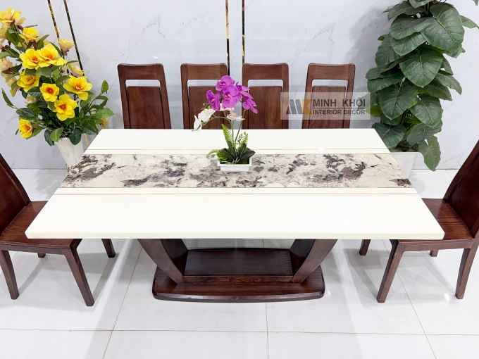 Bàn Ăn Mặt Đá Gỗ Sồi Phủ Óc Chó Chân U - BA287