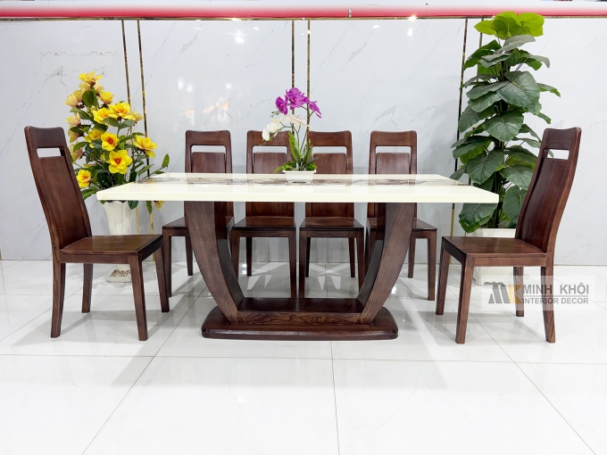 Bàn Ăn Mặt Đá Gỗ Sồi Phủ Óc Chó Chân U - BA287