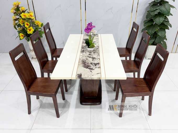 Bàn Ăn Mặt Đá Gỗ Sồi Phủ Óc Chó Chân U - BA287