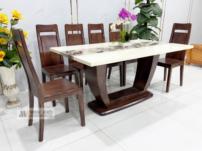 Bàn Ăn Mặt Đá Gỗ Sồi Phủ Óc Chó Chân U - BA287