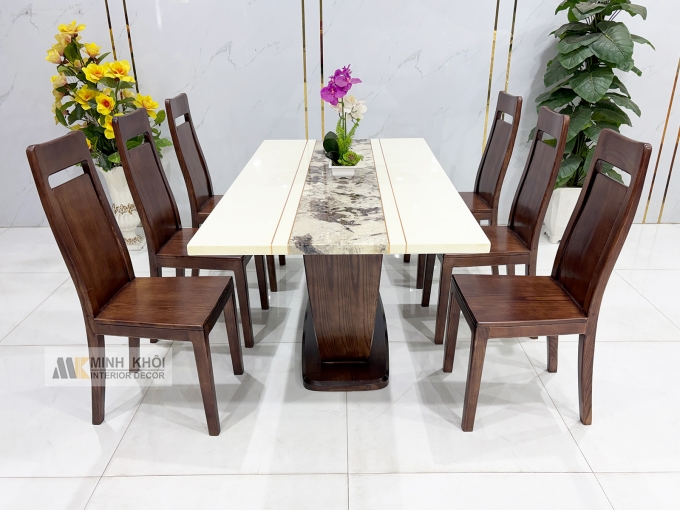 Bàn Ăn Mặt Đá Gỗ Sồi Phủ Óc Chó Chân U - BA287