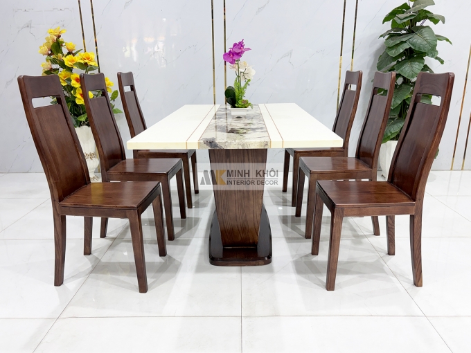 Bàn Ăn Mặt Đá Gỗ Sồi Phủ Óc Chó Chân U - BA287