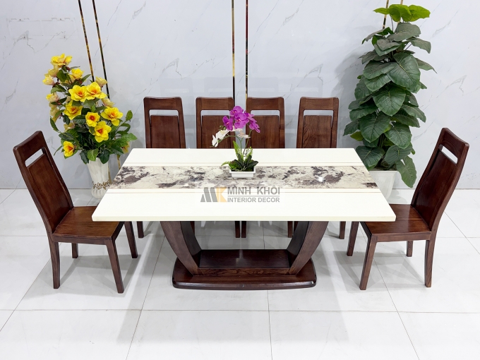 Bàn Ăn Mặt Đá Gỗ Sồi Phủ Óc Chó Chân U - BA287