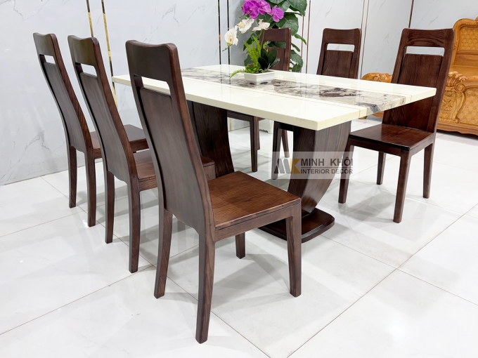 Bàn Ăn Mặt Đá Gỗ Sồi Phủ Óc Chó Chân U - BA287
