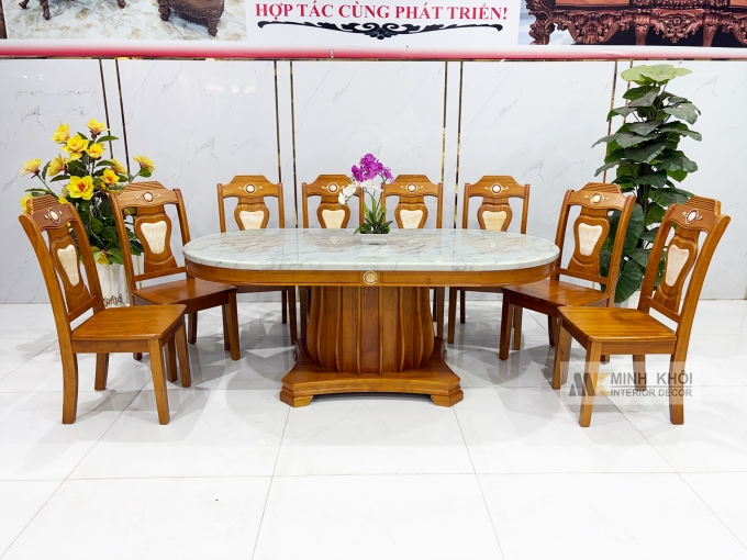 Bàn Ăn Mặt Đá Oval Gỗ Tự Nhiên 8 Ghế Cao Cấp - BA977