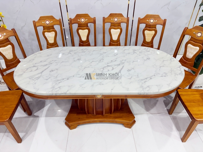 Bàn Ăn Mặt Đá Oval Gỗ Tự Nhiên 8 Ghế Cao Cấp - BA977