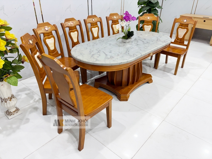 Bàn Ăn Mặt Đá Oval Gỗ Tự Nhiên 8 Ghế Cao Cấp - BA977