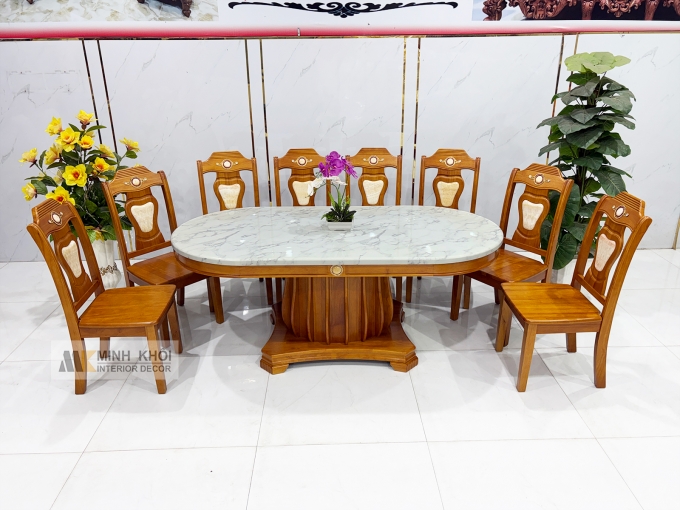 Bàn Ăn Mặt Đá Oval Gỗ Tự Nhiên 8 Ghế Cao Cấp - BA977