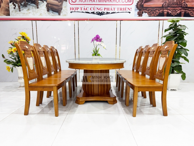 Bàn Ăn Mặt Đá Oval Gỗ Tự Nhiên 8 Ghế Cao Cấp - BA977