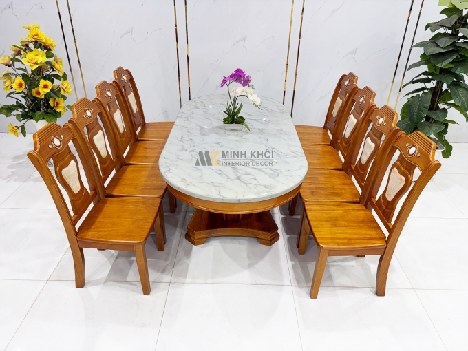Bàn Ăn Mặt Đá Oval Gỗ Tự Nhiên 8 Ghế Cao Cấp - BA977