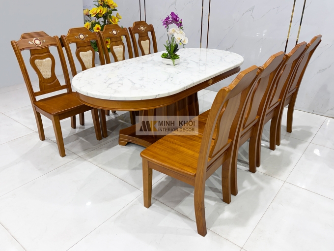 Bàn Ăn Mặt Đá Oval Gỗ Tự Nhiên 8 Ghế Cao Cấp - BA977