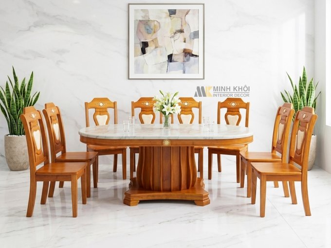 Bàn Ăn Mặt Đá Oval Gỗ Tự Nhiên 8 Ghế Cao Cấp - BA977