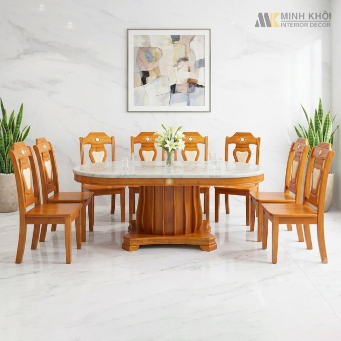 Bàn Ăn Mặt Đá Oval Gỗ Tự Nhiên 8 Ghế Cao Cấp - BA977