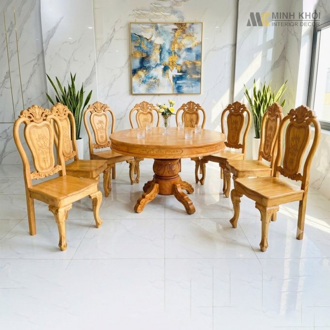 Bàn Ăn Tròn Gõ Đỏ Khung Tranh 8 Ghế Cao Cấp - BA241